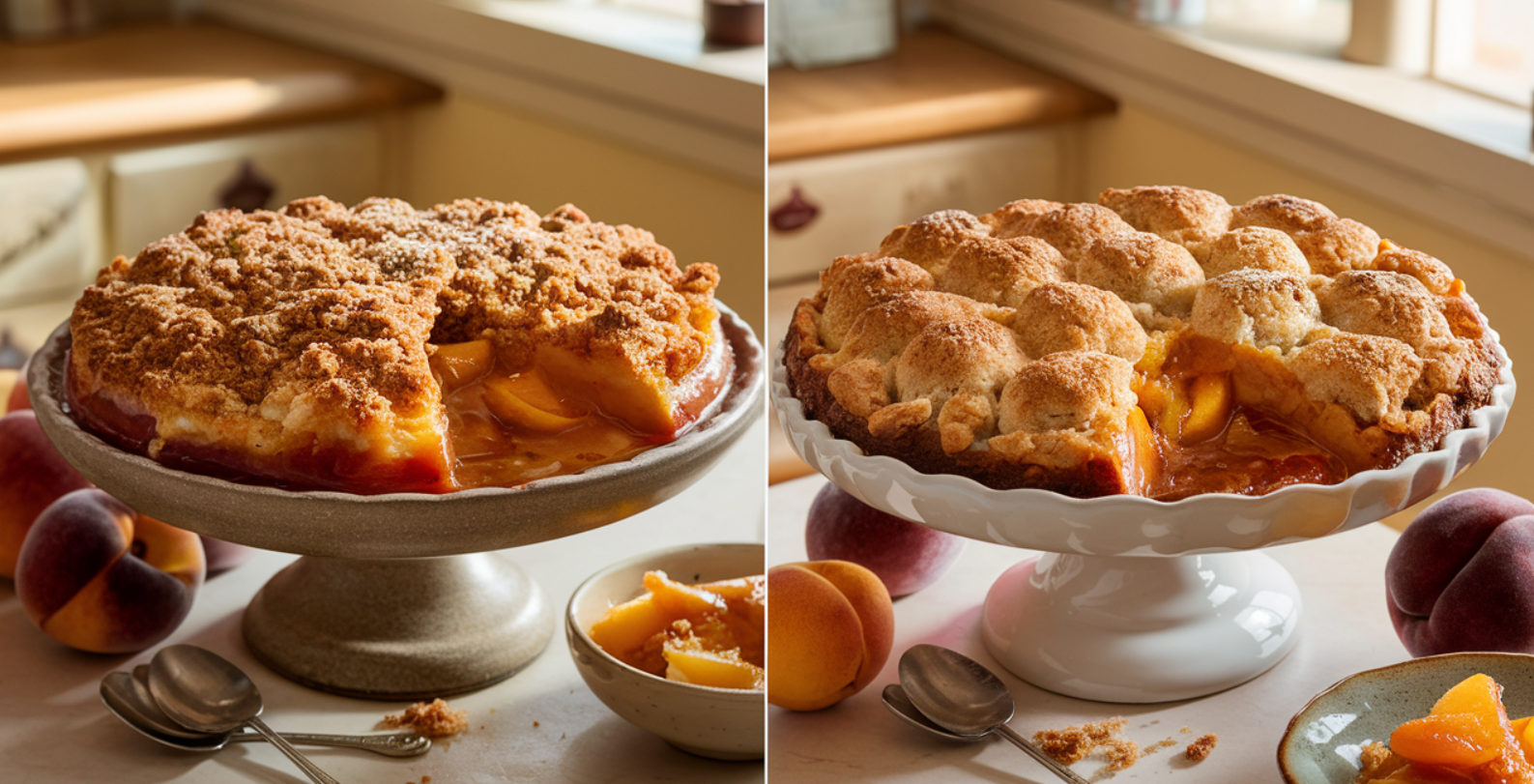 A bowl of peach crisp vs. peach cobbler with ice cream