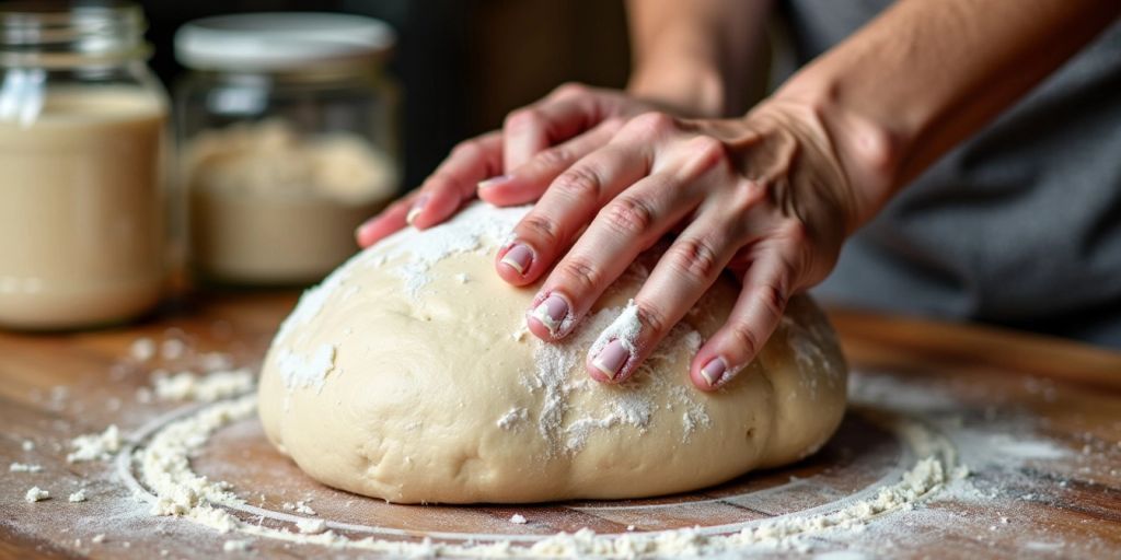 Baker kneading sourdough dough on floured surface