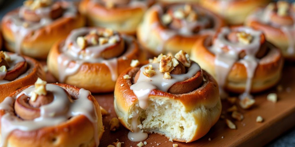 Sourdough cinnamon rolls with icing and nuts