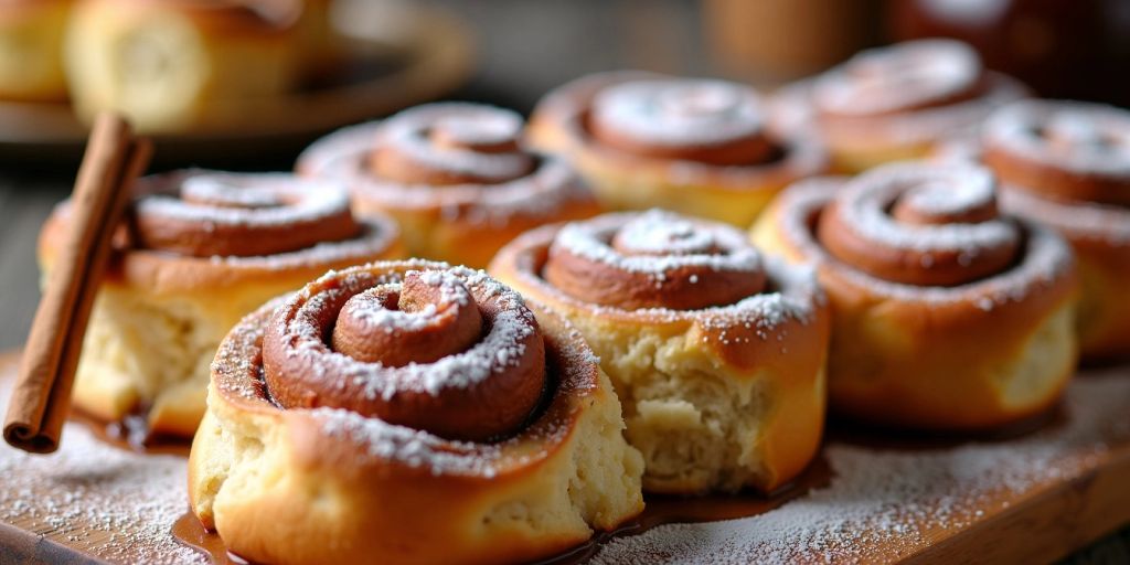 Fresh sourdough cinnamon rolls with powdered sugar.