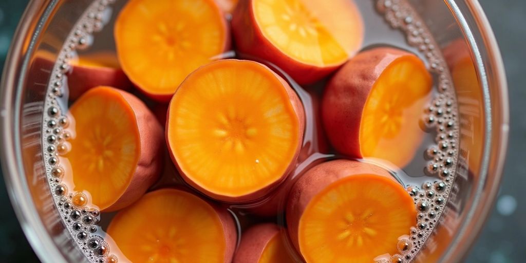 Sliced sweet potatoes soaking in water