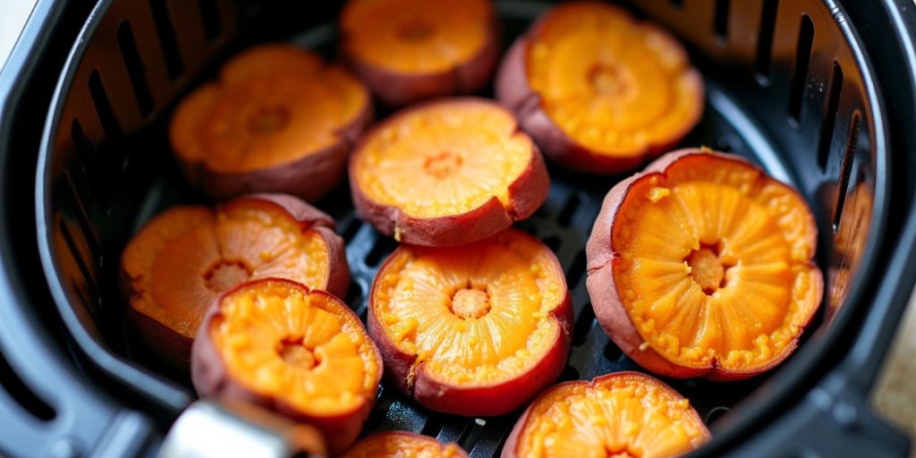 Air-fried sweet potato slices in air fryer basket