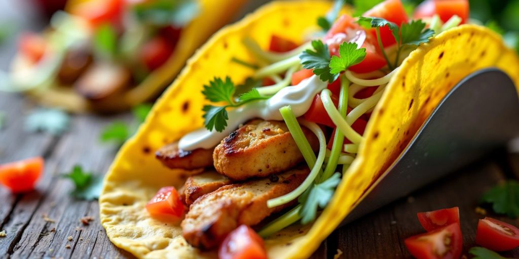 Close-up of colorful chicken tacos with toppings