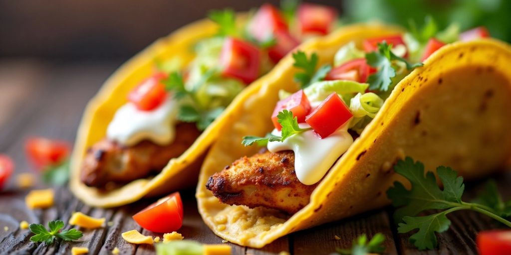 Close-up of a loaded chicken taco with toppings.