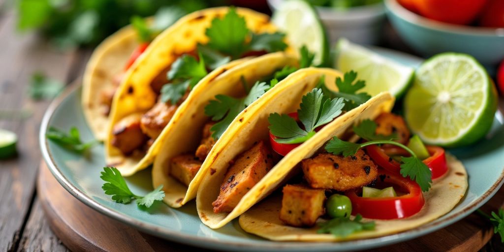 Chicken tacos with cilantro and lime wedges