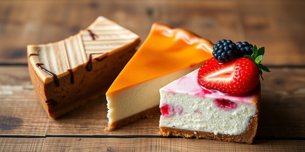 Three cheesecake slices on a wooden table.