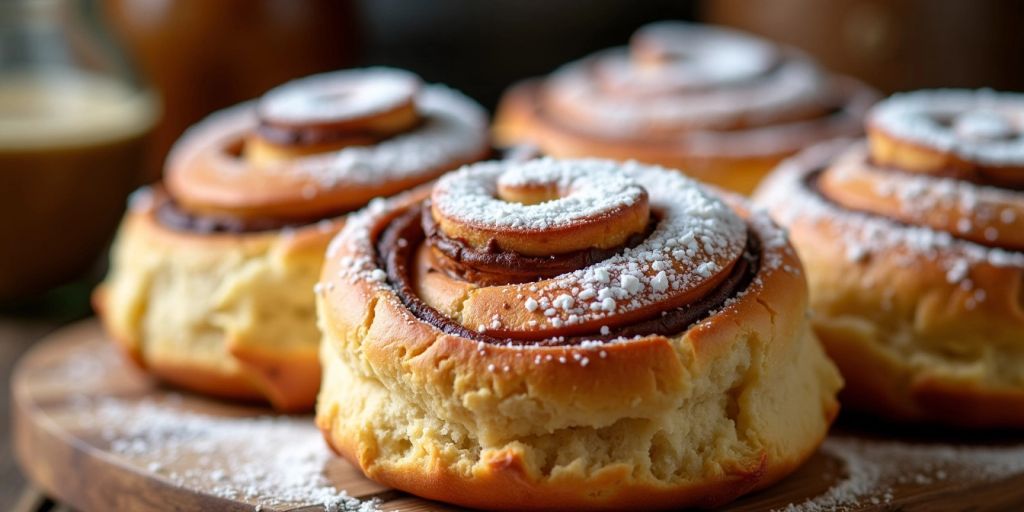 Freshly baked sourdough cinnamon rolls on a wooden board.