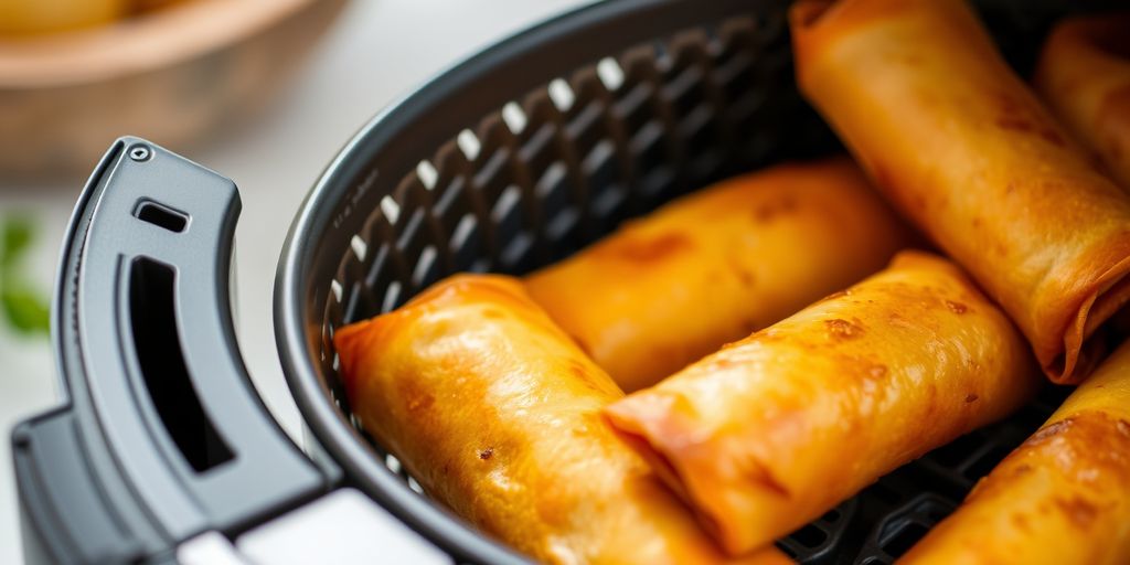 Crispy egg rolls in an air fryer basket