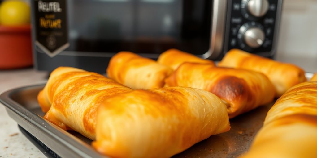 Crispy egg rolls on a tray with microwave and oven.