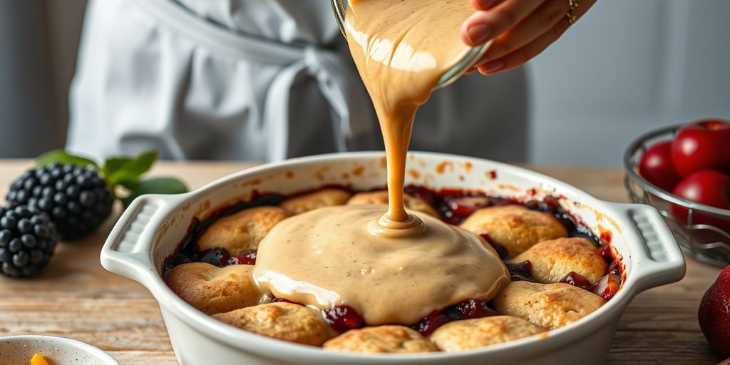 Pouring runny cobbler batter into a baking dish