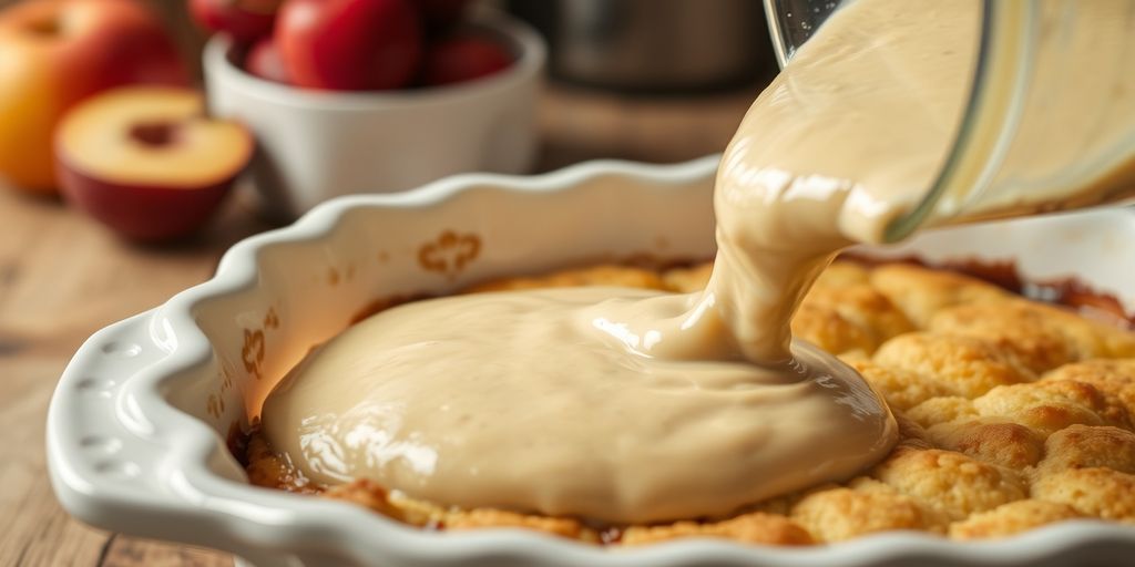 Pouring cobbler batter into a baking dish