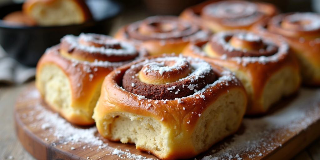 Freshly baked sourdough cinnamon rolls on a wooden board.