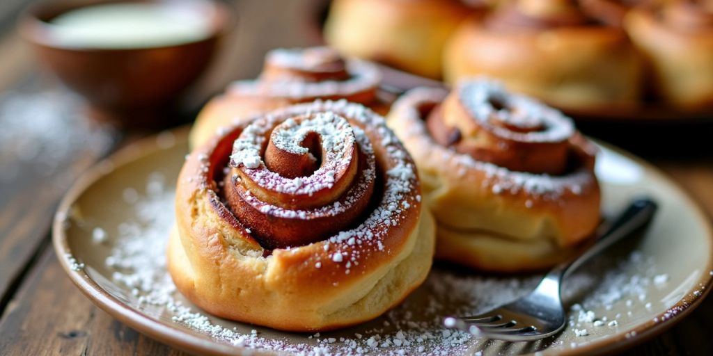 Freshly baked sourdough cinnamon rolls with icing.