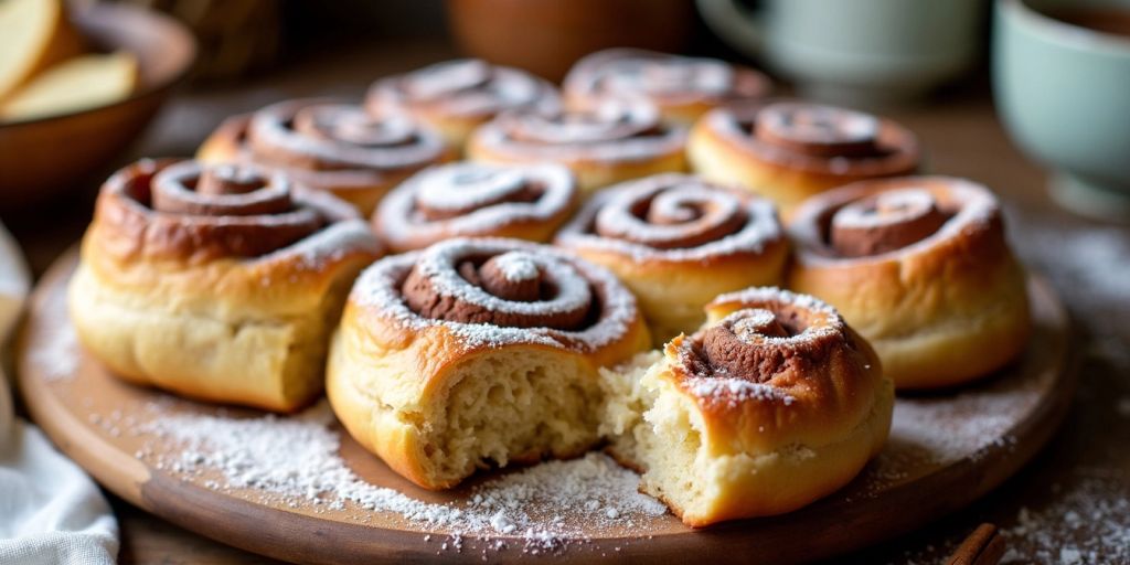 Fresh sourdough cinnamon rolls on a wooden board.